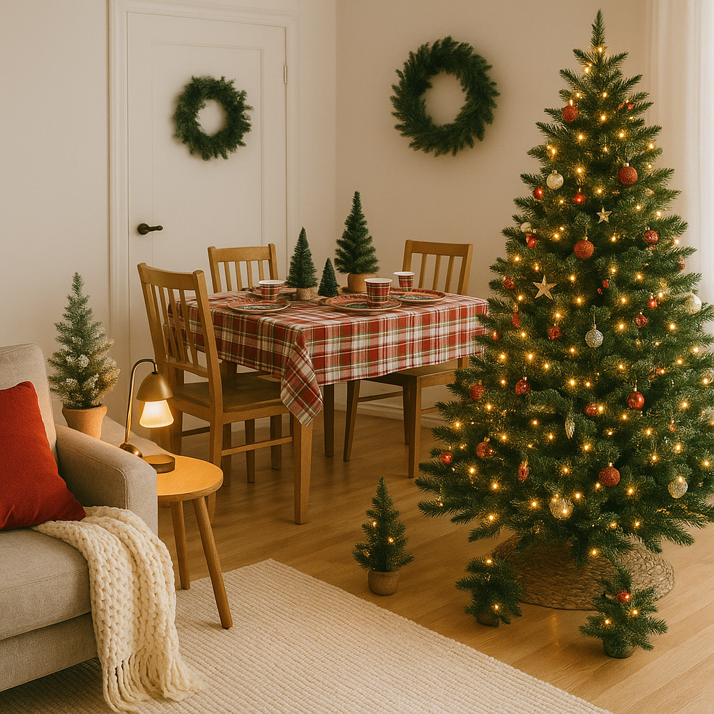 A cozy living room decorated for Christmas, featuring a lit Christmas tree, small tabletop trees, festive wreaths on the walls, and a dining table covered with a red plaid tablecloth.