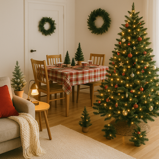 A cozy living room decorated for Christmas, featuring a lit Christmas tree, small tabletop trees, festive wreaths on the walls, and a dining table covered with a red plaid tablecloth.