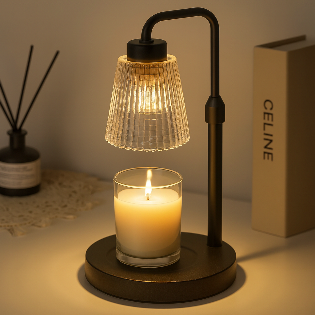 Warm-lit black candle warmer lamp with a ribbed glass shade and a burning candle on a desk, styled with a reed diffuser and a Celine book in the background.