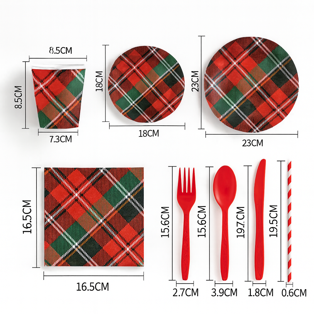 Christmas plaid tableware set with labeled dimensions, including plaid cups, plates, napkins, red utensils, and striped straws on a white background.