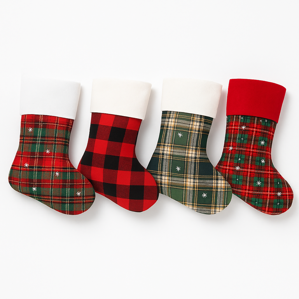 Set of four Christmas stockings with red and green plaid patterns arranged on a white background.