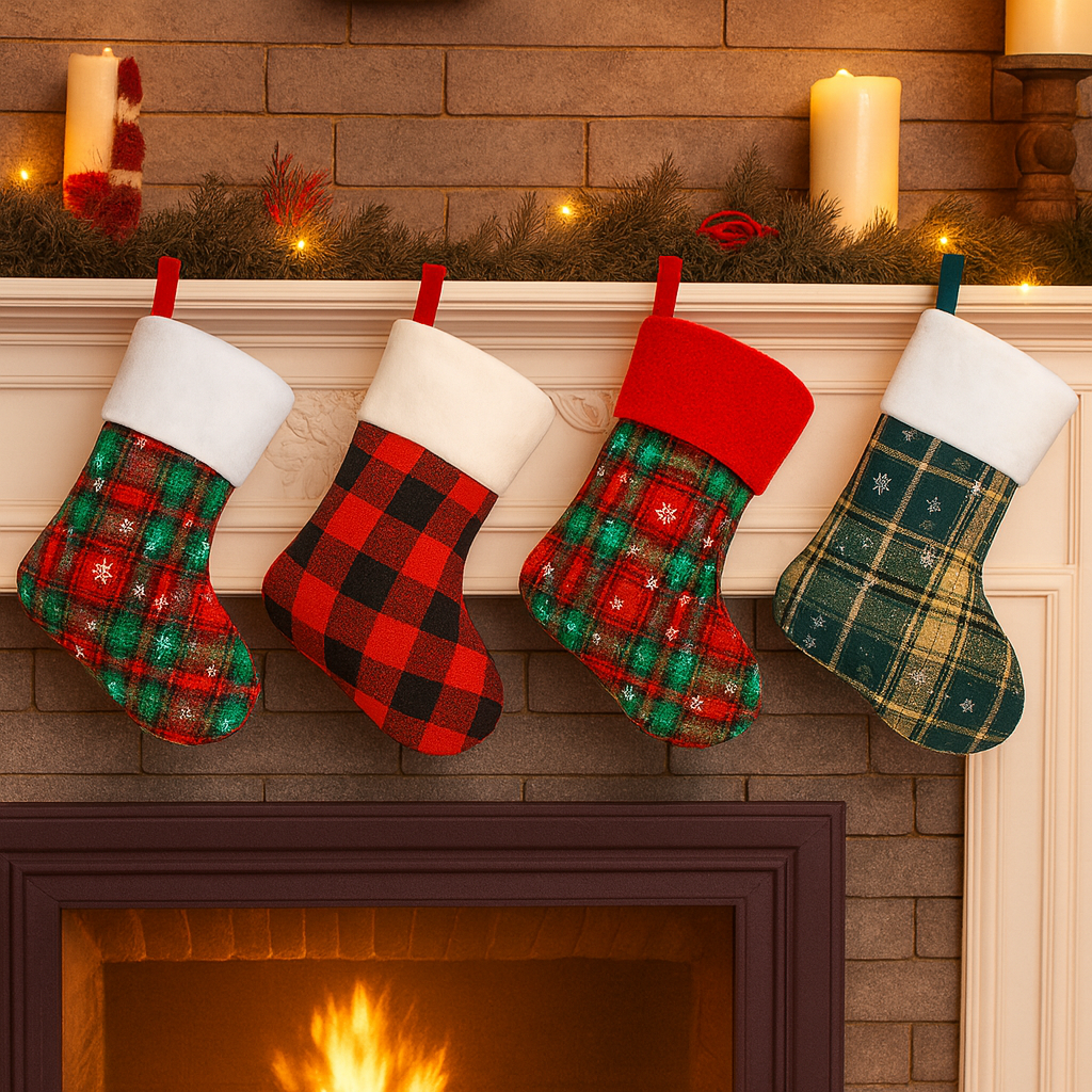 Four plaid Christmas stockings hanging from a decorated fireplace mantle with candles and holiday greenery.