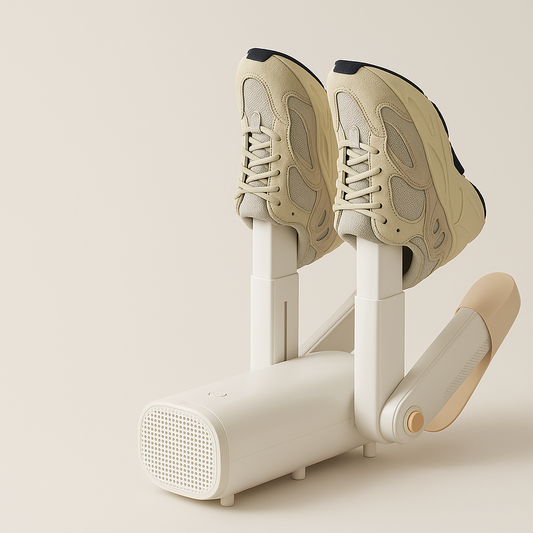 Evivoramx Electric Shoe Dryer with dual warm-air tubes drying a pair of beige sneakers on a minimalist beige background.