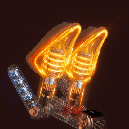 Internal heating system of the Evivoramx Electric Shoe Dryer showing glowing warm-air coils circulating heat inside the dryer tubes.