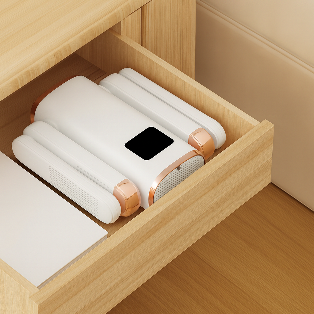 Evivoramx Electric Shoe Dryer folded compactly and stored inside a wooden drawer.