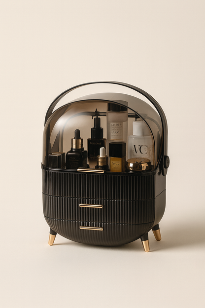 Black dustproof makeup organizer display rack filled with skincare and cosmetics, shown on a beige background.