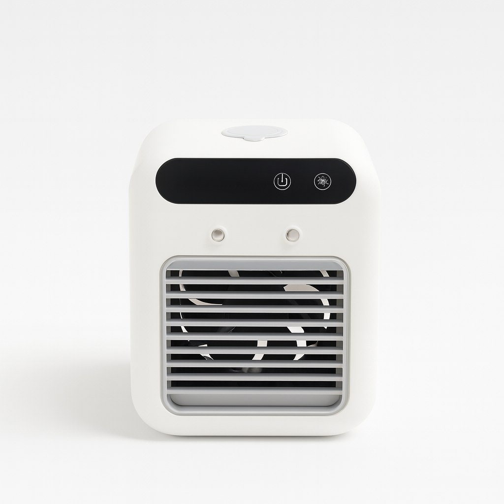 Evivoramx Mini Air Conditioner with front grill and control panel, shown on a white background.