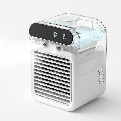 Evivoramx Mini Air Conditioner releasing cool mist, with transparent top water tank and front cooling vents on a white background.