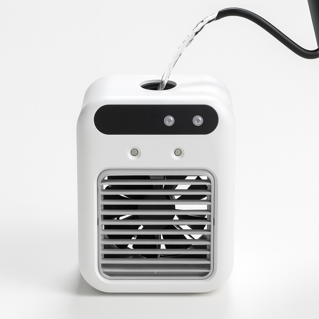 Evivoramx Mini Air Conditioner being filled with water through the top tank opening, shown on a white background.
