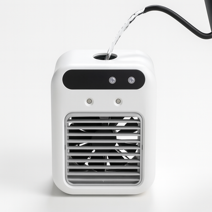 Evivoramx Mini Air Conditioner being filled with water through the top tank opening, shown on a white background.