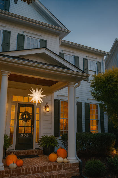 Moravian star pendant light glowing on a front porch of a house at dusk with pumpkins on the steps.