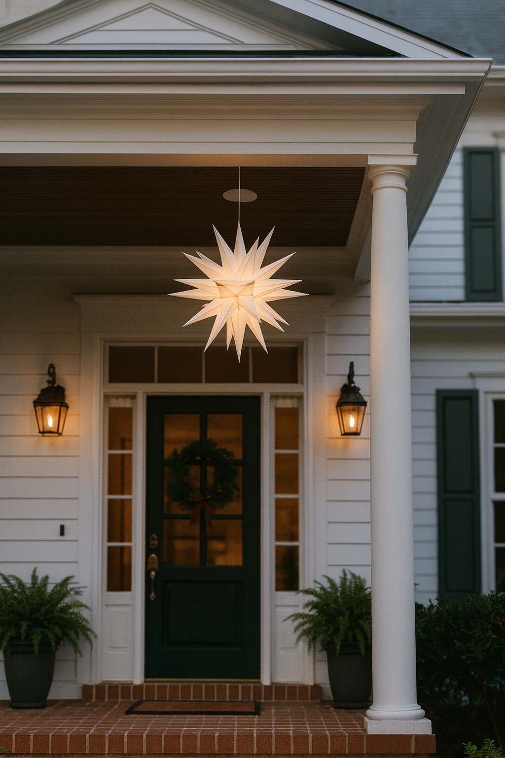 Glowing Moravian star pendant light hanging above a front porch entrance at dusk, with potted plants and warm lantern lighting.