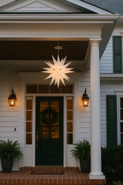 Glowing Moravian star pendant light hanging above a front porch entrance at dusk, with potted plants and warm lantern lighting.