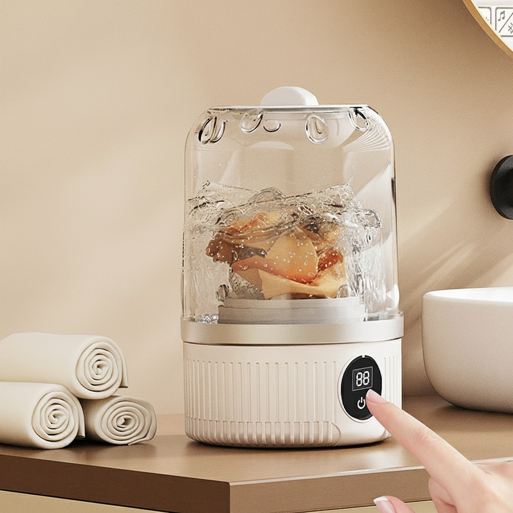 Evivoramx portable underwear washer on bathroom counter with clear lid, digital timer, and delicates washing inside while a user presses the power button.