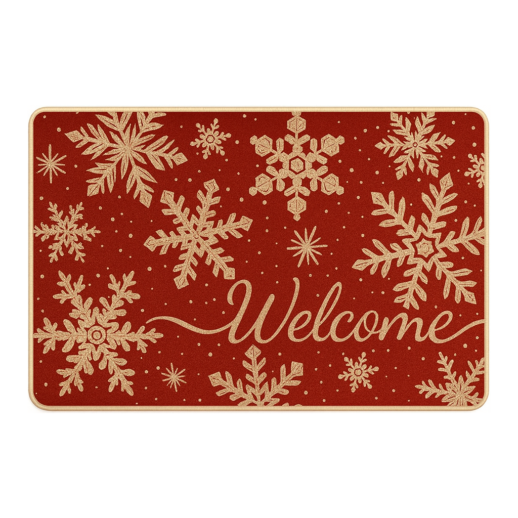 Festive red welcome doormat decorated with beige snowflakes on a white background.