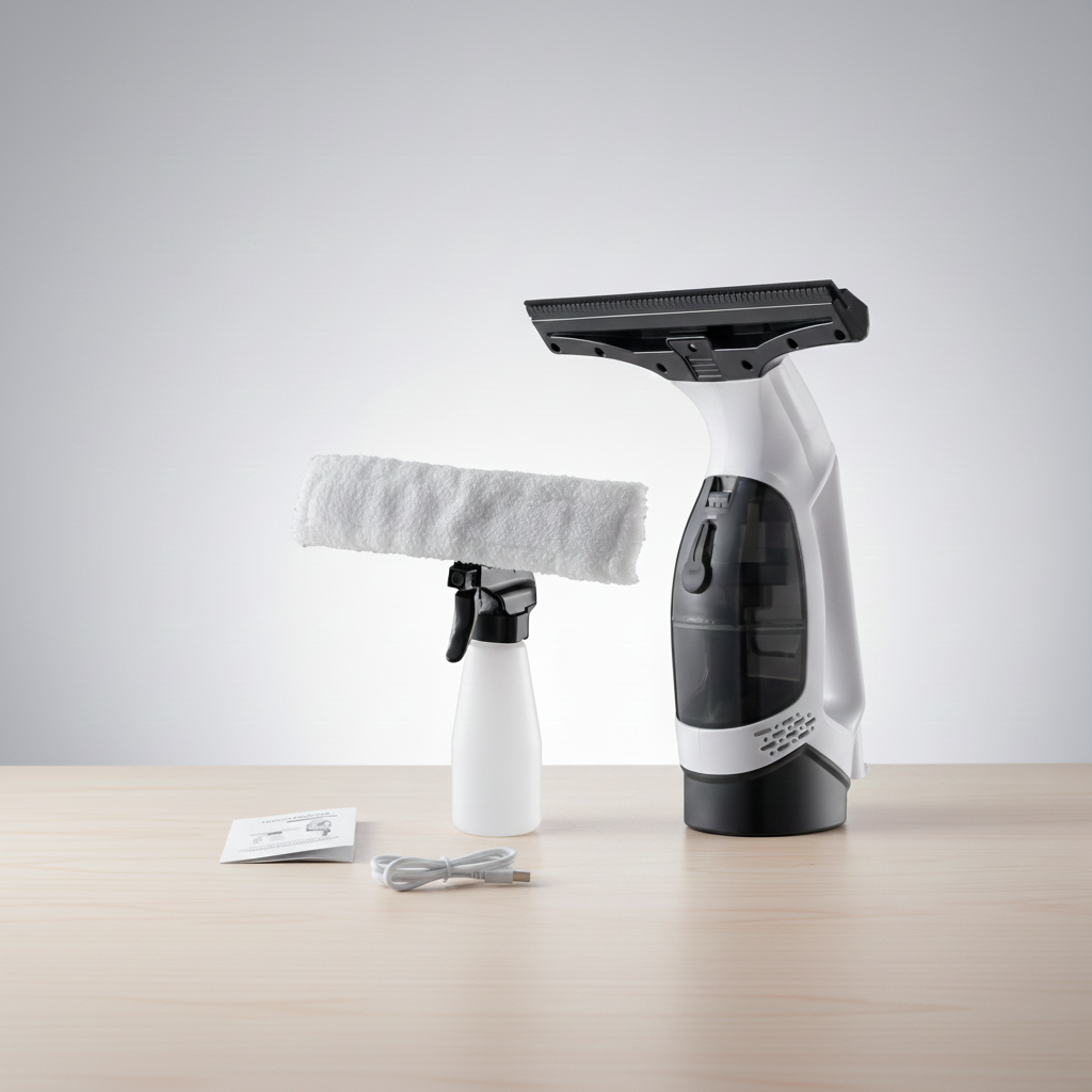 Evivoramx Multifunctional Electric Cordless Window Cleaner Machine with squeegee head, microfiber attachment, spray bottle, and accessories displayed on a wooden table.