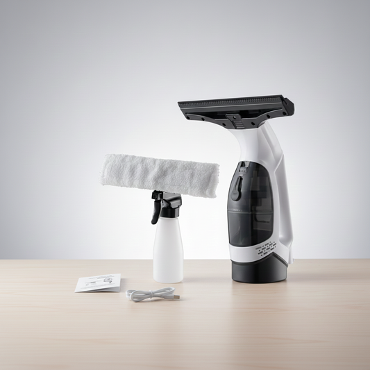 Evivoramx Multifunctional Electric Cordless Window Cleaner Machine with squeegee head, microfiber attachment, spray bottle, and accessories displayed on a wooden table.
